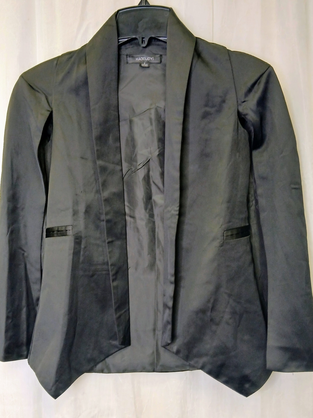 HAODUOYI Black Satin Shawl-Collar Blazer